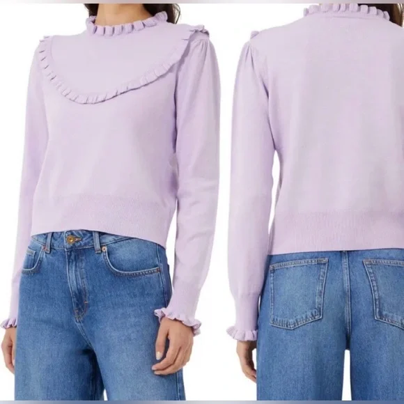 NWOT French Connection Sweater Sz L Womans Purple Lilac Chill Ultramarine Ruffle - Picture 3 of 4